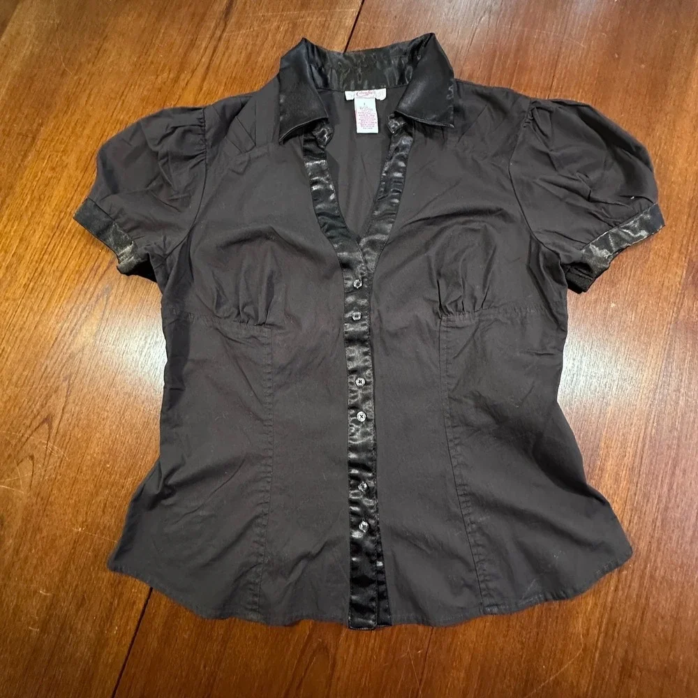 VTG Y2K Brown Fitted Babydoll Blouse‎ Satin Trim Puff Sleeve Coquette Top Sz L